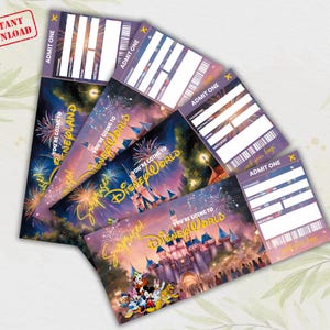 May include: Four printable tickets with a purple and pink background featuring a nighttime scene of fireworks and Cinderella's Castle at Disney World. The text on the tickets reads "You're going to Disney World!" and "Surprise!"