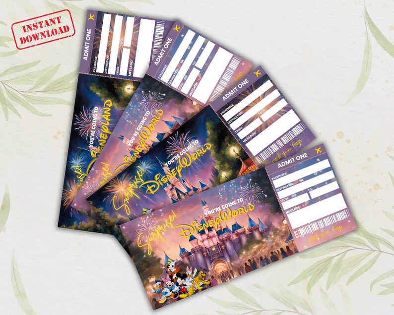 May include: Four printable tickets with a purple and pink background featuring a nighttime scene of fireworks and Cinderella's Castle at Disney World. The text on the tickets reads "You're going to Disney World!" and "Surprise!"