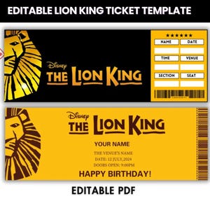 Bearbeitbar Der König der Löwen Broadway-Überraschungskartenvorlage, Musiktheaterkarte, Souvenir-Andenken, Konzertkarte