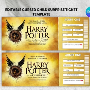 May include: Two Harry Potter and the Cursed Child surprise ticket templates. The tickets have a gold and brown color scheme with the text "Harry Potter" and "Admit One". The tickets include fields for name, date, time, section, seat, venue, and a message.