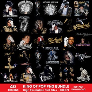 40 King of Pop PNG-paket, Michael Jackson-inspirerad PNG, 80-talsmusiklegend sublimering PNG, retro vintage sångare MJ-skjorta PNG, digital nedladdning