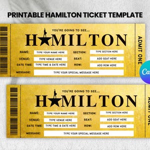 Modello modificabile per biglietto a sorpresa per Hamilton Broadway, sorpresa di compleanno, biglietto per musical, coupon di ingresso falso, download immediato