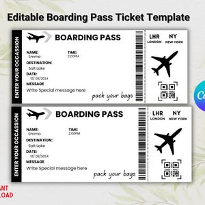 編集可能な搭乗券テンプレート、印刷可能なパーソナライズされた航空券、誕生日サプライズチケット、Canva テンプレート、即時ダウンロード