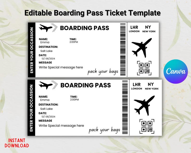 Peut inclure: Mod&egrave;le de billet d'embarquement &eacute;ditable avec du texte noir sur fond blanc. Le mod&egrave;le comprend des champs pour le nom, la destination, la date, l'heure et un message. Le texte "Entrez votre occasion" est sur le c&ocirc;t&eacute; gauche du mod&egrave;le. Le texte "Faites vos valises" est sur le c&ocirc;t&eacute; droit du mod&egrave;le. Le mod&egrave;le comprend &eacute;galement un code QR et une ic&ocirc;ne d'avion.