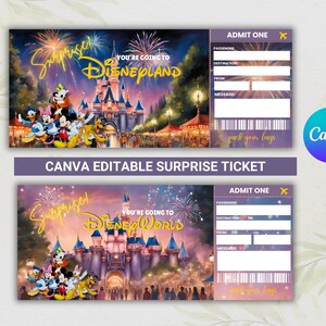 May include: Two printable tickets with a purple background and a colorful image of a Disney castle. The text on the tickets says "Surprise! You're going to Disneyland" and "Surprise! You're going to Disney World".