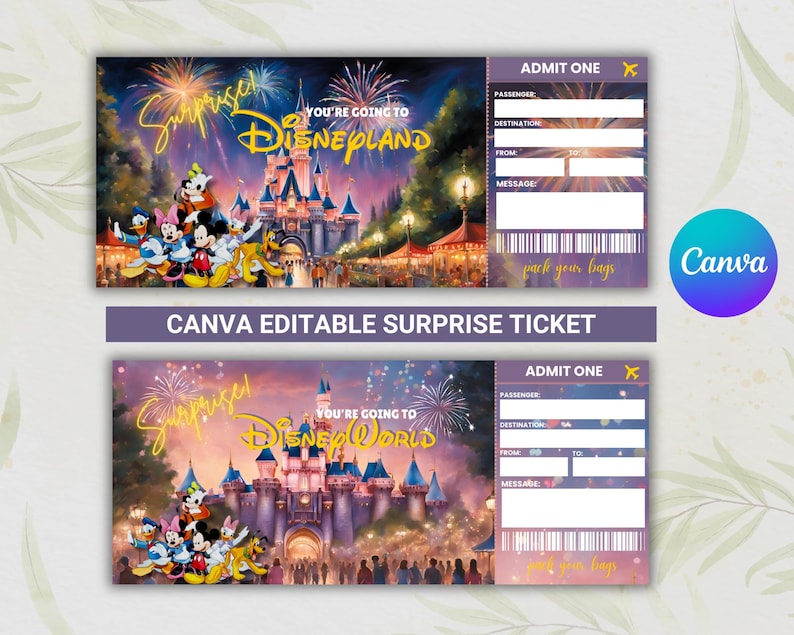 May include: Two printable tickets with a purple background and a colorful image of a Disney castle. The text on the tickets says "Surprise! You're going to Disneyland" and "Surprise! You're going to Disney World".