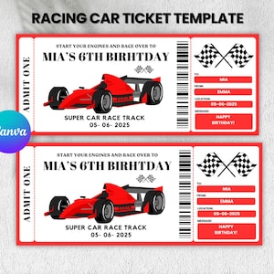 Bearbeitbare Rennwagen-Überraschungsgeschenk-Kartenvorlage, Geburtstagsgutschein, Autorennen-Veranstaltung, Ticketvorlage, Sofort-Download, Canva-Vorlage