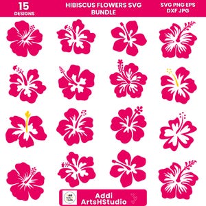 May include: A collection of 15 hibiscus flower designs in a vibrant pink color. The SVG bundle includes PNG, EPS, DXF, and JPG file formats. The image features various stylized floral illustrations, perfect for digital design projects.