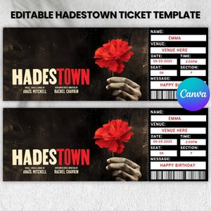 Bearbeitbare Hadestown Broadway Überraschungskarte, druckbare Konzertkarte, Geburtstagsgeschenk, Musical-Karte, sofortiger Download, Canva-Vorlage