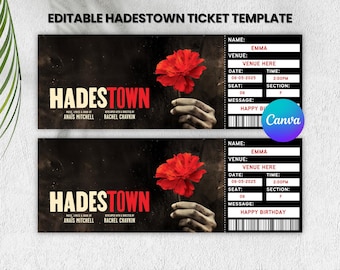 Editable Hadestown Broadway Surprise Ticket Template,Printable Concert Ticket, Birthday Gift, Musical Ticket,Instant Download,Canva Template