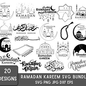 May include: A collection of 20 Ramadan Kareem designs in black and white. The designs include mosque illustrations, crescent moons, and Arabic calligraphy. The text "Ramadan Kareem" is featured in various fonts and styles. The bundle is available in SVG, PNG, JPG, DXF, and EPS formats.