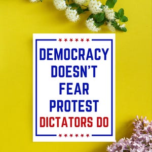 May include: A white rectangular sign with a blue border and the text "DEMOCRACY DOESN'T FEAR PROTEST DICTATORS DO" in blue and red. The sign is decorated with red stars and set against a yellow background with white and purple flowers.