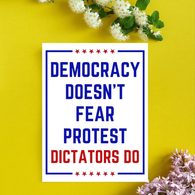 May include: A white rectangular sign with a blue border and the text "DEMOCRACY DOESN'T FEAR PROTEST DICTATORS DO" in blue and red. The sign is decorated with red stars and set against a yellow background with white and purple flowers.
