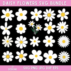 Puede incluir: Un conjunto de 21 archivos de corte SVG de flores de margarita blancas. Las margaritas son de varios tamaños y estilos, incluyendo un ramo de tres margaritas.