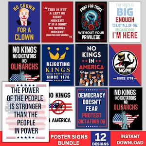 Paquete de carteles de protesta anti-Trump, carteles imprimibles "No Kings", arte de resistencia y defensa de la democracia, carteles de la marcha de activistas políticos, descarga digital