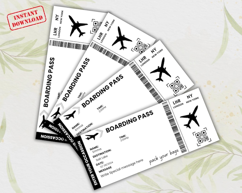 Peut inclure: Quatre cartes d'embarquement imprimables avec le texte "Boarding Pass" et "Enter Your Occasion" avec une ic&ocirc;ne d'avion et un code QR. Le texte "LHR London New York" est &eacute;galement sur les cartes.