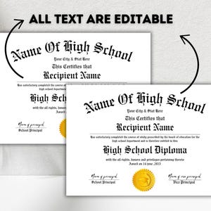 May include: A printable high school diploma template with editable text fields. The template features a black and white design with a gold seal. The text reads "Name of High School", "Your City & State Here", "This Certifies that", "Recipient Name", "High School Diploma", "Award on 14 June, 2023", "Name of Principal", "School Principal", and "Name of Vice Principal", "Vice Principal".