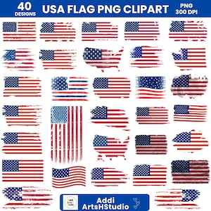 Könnte beinhalten: Eine Sammlung von 40 USA-Flaggen-PNG-Cliparts. Die Designs zeigen die amerikanische Flagge in verschiedenen Stilen, darunter Pinselstriche, Kartenumrisse und traditionelle rechteckige Flaggen. Die Farbpalette besteht aus Rot, Weiß und Blau.