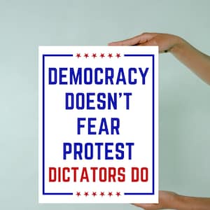May include: A white poster with a blue border and the text "DEMOCRACY DOESN'T FEAR PROTEST DICTATORS DO" in blue and red. The top and bottom of the poster have a row of red stars. The poster is held up by a person.