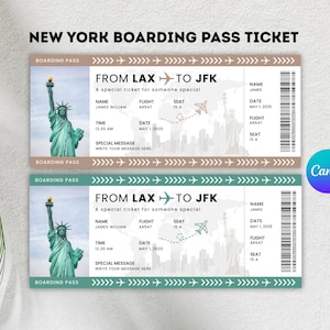 Billet modifiable pour la carte d'embarquement à New York, billet de voyage surprise à New York, Surprise d'anniversaire, carte d'embarquement imprimable, téléchargement immédiat