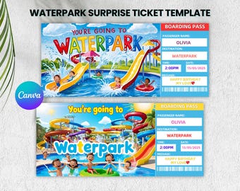 Waterpark Surprise Trip Ticket Template: Editable Canva Gift (Instant Download)