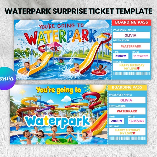 Waterpark Surprise Trip Ticket Vorlage: Bearbeitbares Canva Geschenk (Instant Download)