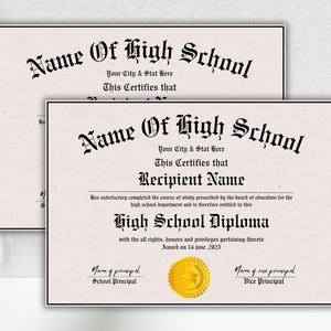May include: A printable high school diploma template with the text "Name of High School" and "This Certifies that Recipient Name has satisfactorily completed the course of study prescribed by the board of education for the high school department and is therefore entitled to this High School Diploma with all rights, honors and privileges pertaining thereto. Award on 14 June, 2023."