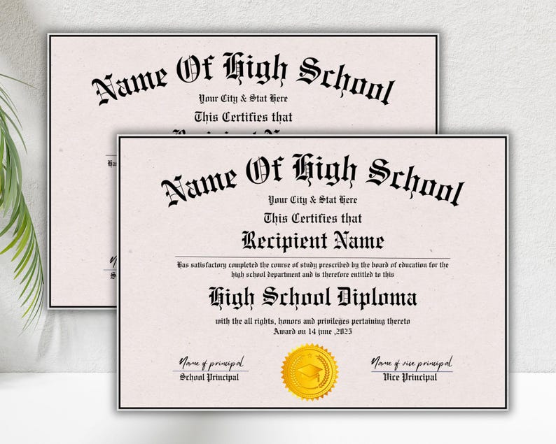 May include: A printable high school diploma template with the text "Name of High School" and "This Certifies that Recipient Name has satisfactorily completed the course of study prescribed by the board of education for the high school department and is therefore entitled to this High School Diploma with all rights, honors and privileges pertaining thereto. Award on 14 June, 2023."