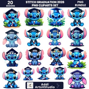 May include: A collection of 20 digital designs featuring the character Stitch in graduation attire. Each design shows Stitch wearing a graduation cap with the year 2026, holding a diploma, or sitting among leaves. The designs are in a PNG clipart set.
