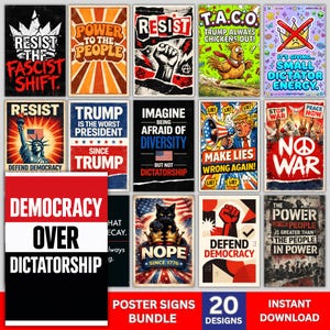 Printable Anti-Trump Protest Sign Bundle, No Kings Posters,Resist & Defend Democracy Jpg, Political Activist Rally Signs, Digital Download