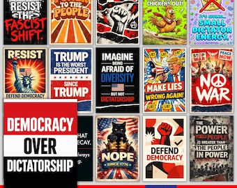 Könnte beinhalten: Eine Sammlung von 20 Postern mit politischen und sozialkritischen Themen. Die Poster zeigen fettgedruckte Texte und Grafiken, darunter Slogans wie „Widerstand“, „Demokratie über Diktatur“ und „Kein Krieg“. Die Farbpalette umfasst Rot, Weiß, Schwarz und Blau.