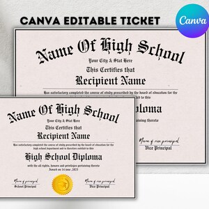 May include: A printable diploma template for a high school. The template is customizable with the school name, city, state, recipient name, and date. The text reads "Name of High School", "Your City & State Here", "This Certifies that", "Recipient Name", "High School Diploma", "Awarded on 14 June 2023", "Name of Principal", "School Principal", "Name of Vice Principal", "Vice Principal".