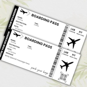 Peut inclure: Deux cartes d'embarquement noires et blanches avec le texte "BOARDING PASS" et "ENTER YOUR OCCASSION" imprim&eacute; dessus. Les cartes ont une ic&ocirc;ne d'avion noir, le texte "LHR LONDON NEW YORK NY" et un code QR. Le texte "NAME: Emma", "DESTINATION: Salt Lake", "DATE: 12/08/2024", "TIME: 2:00PM" et "MESSAGE" est &eacute;galement imprim&eacute; sur les cartes.