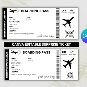 Peut inclure: Mod&egrave;le de carte d'embarquement imprimable noir et blanc avec le texte "Boarding Pass" et "Canva Editable Surprise Ticket". Le mod&egrave;le comprend des champs pour le nom, l'heure, la destination, la date et un message. Il comprend &eacute;galement une ic&ocirc;ne d'avion noir et blanc et un code QR.