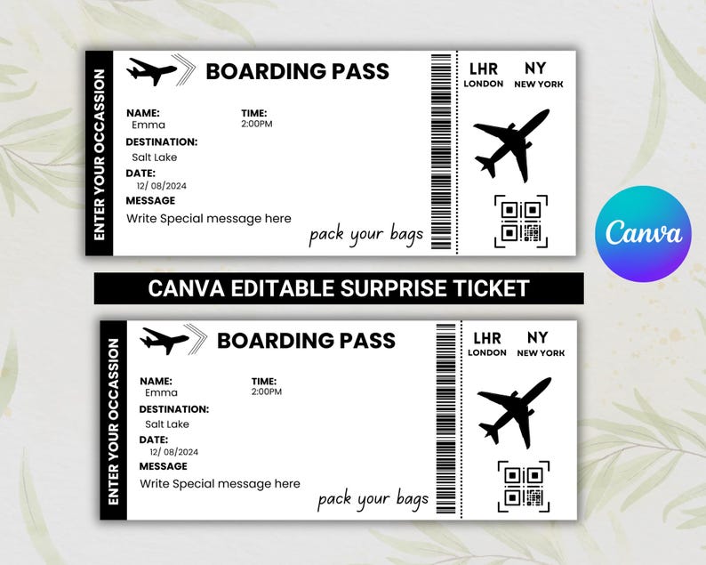 Peut inclure: Mod&egrave;le de carte d'embarquement imprimable noir et blanc avec le texte "Boarding Pass" et "Canva Editable Surprise Ticket". Le mod&egrave;le comprend des champs pour le nom, l'heure, la destination, la date et un message. Il comprend &eacute;galement une ic&ocirc;ne d'avion noir et blanc et un code QR.