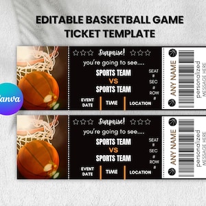 May include: Two basketball game ticket templates with a black background and white text. The tickets feature a basketball net and ball graphic, with fields for team names, date, time, and location. The text "EDITABLE BASKETBALL GAME TICKET TEMPLATE" is at the top.