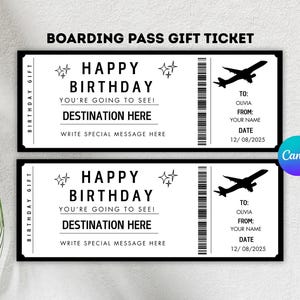 Bearbeitbare Bordkartenvorlage, druckbares personalisiertes Flugticket, Geburtstagsüberraschungsticket, Canva-Vorlage, sofortiger Download