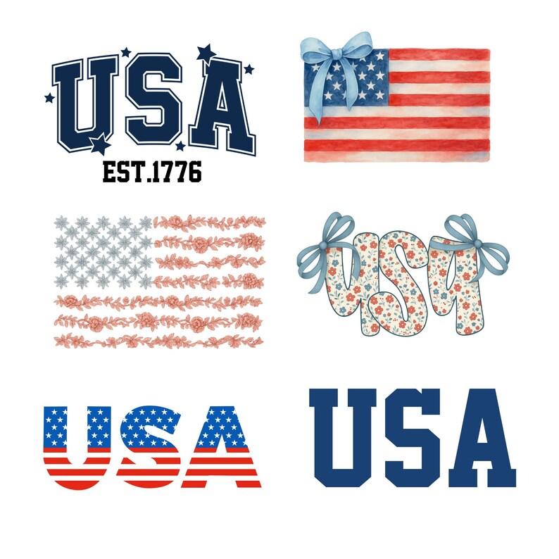 May include: Collection of patriotic designs featuring the word "USA" in various styles. Includes a navy blue design with "EST. 1776", a watercolor American flag with a blue bow, and a floral "USA" design with bows.