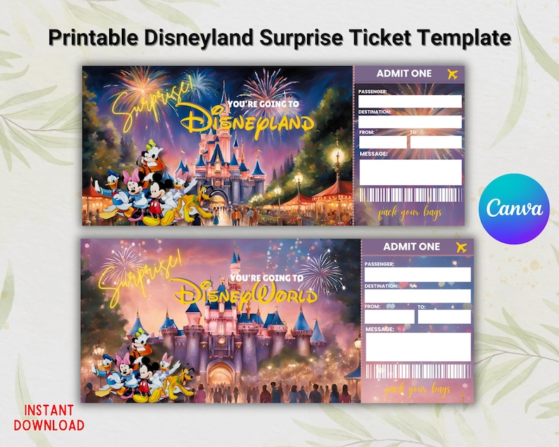 May include: Printable Disneyland and Disney World surprise ticket templates. The tickets feature a colorful illustration of the parks with fireworks and Mickey Mouse characters. The tickets have blank spaces for the passenger, destination, message, and a barcode.