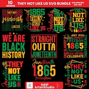 以下が含まれることがあります： Juneteenthと黒人歴史に関連するテキストを特徴とする10のデザインのデジタルデザインバンドル。デザインは赤、緑、黄、黒の色を使用しています。「They Not Like Us」、「1865」、「Black History」、「Straight Outta Juneteenth」などのテキストが含まれています。