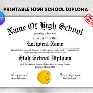 Editable High School Diploma Template, Home School Diploma, High School Diploma, Diploma Replica Template, Digital Download,Diploma Template