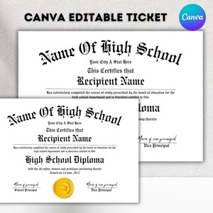 May include: Editable diploma template for a high school graduation. The template features a black and white design with the text "Name of High School" and "This Certifies that Recipient Name".