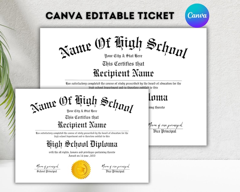 May include: Editable diploma template for a high school graduation. The template features a black and white design with the text "Name of High School" and "This Certifies that Recipient Name".