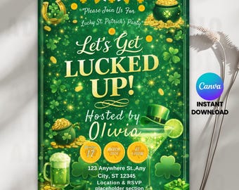 St Patrick’s Day Party Invitation Template, Let’s Get Lucked Up Irish Party Invite, St Patty’s Day Party Invite, Digital Download, Canva Pdf
