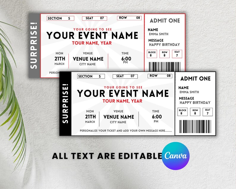 Editable Event Ticket Template: Surprise Birthday, Show, Musical (canva ...