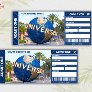 May include: Two blue and white printable tickets with the text "ADMIT ONE" and "YOU'RE GOING TO SEE UNIVERSAL" with a globe image. The tickets have fields for passenger, destination, from, to, and message.