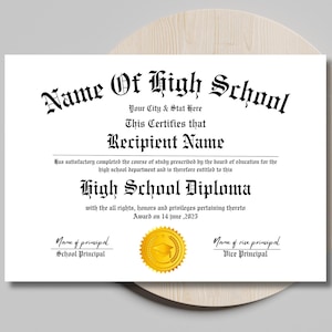 May include: A black and white high school diploma template with the text "Name Of High School", "This Certifies that", "Recipient Name", "High School Diploma", "Award on 14 June, 2025", "Name of principal", "School Principal", "Name of vice principal", "Vice Principal".