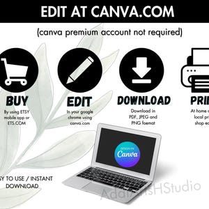 May include: A graphic with instructions on how to buy, edit, download, and print a digital design using Canva.com. The graphic features icons of a shopping cart, a pencil, a download arrow, and a printer. The text "EDIT AT CANVA.COM" is at the top of the graphic. The text "(canva premium account not required)" is below the top text. The text "DESIGN IN Canva" is in a circle on a laptop screen.