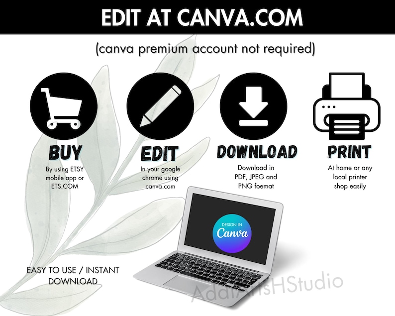 May include: A graphic with instructions on how to buy, edit, download, and print a digital design using Canva.com. The graphic features icons of a shopping cart, a pencil, a download arrow, and a printer. The text "EDIT AT CANVA.COM" is at the top of the graphic. The text "(canva premium account not required)" is below the top text. The text "DESIGN IN Canva" is in a circle on a laptop screen.