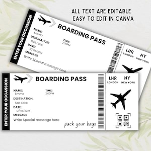 Peut inclure: Deux mod&egrave;les de cartes d'embarquement imprimables en noir et blanc avec le texte "BOARDING PASS" et "ENTER YOUR OCCASSION". Le mod&egrave;le comprend des champs pour le nom, la destination, la date, l'heure et un message. Le mod&egrave;le comprend &eacute;galement un code QR et un graphique d'un avion.